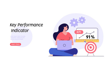 KPI illustration. Key Performance Indicator concept. Businessman measuring business result. Quality analysis and control. KPI measurement to evaluate success. Vector flat cartoon design