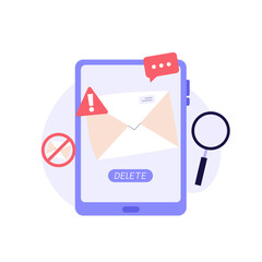Spam message illustration. User receiving spam email and using anti-spam protection. Concept of spam software spreading, ad blocking, phishing attack, noise advertising. Vector flat cartoon design