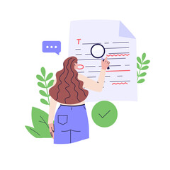 Editing document with text. Correcting grammar mistake with red marker. Teacher fix page text errors. Concept of text editing, grammar edit, correcting mistake. Vector flat cartoon illustration