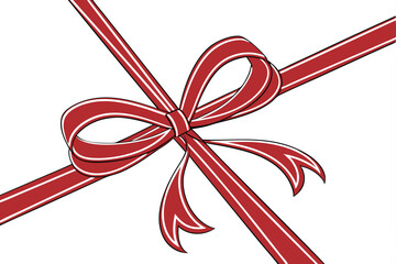 Red satin ribbon, glossy bow, festive decoration, gift wrapping, horizontal composition, vibrant scarlet color, symmetrical design, elegant holiday accent, white background, crisp detail, shiny textur