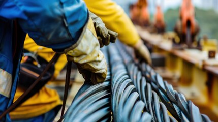 A close-up of an engineer inspecting bridge cables, Bridge maintenance scene, Structural integrity style