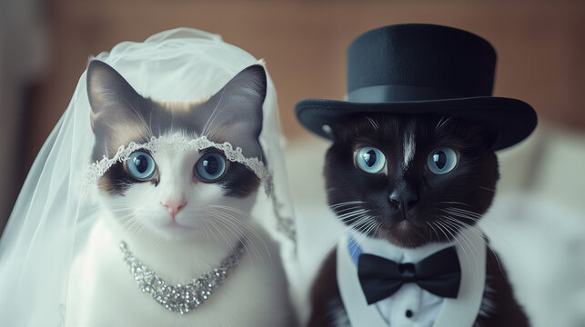 Adorable cat couple in wedding attire - perfect for pet blogs, animal-themed greeting cards, social media posts, and humorous wedding invitations