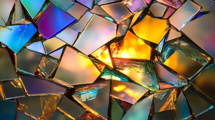 Translucent prismatic glass shards refracting rainbow light backlit