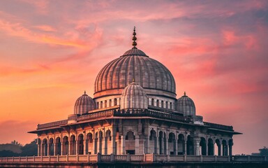 Obraz premium Majestic dome structure at sunset, architectural detail.