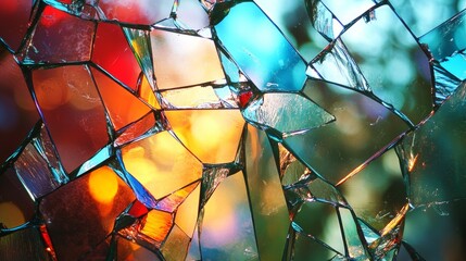Translucent prismatic glass shards refracting rainbow light backlit