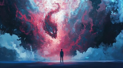 Man Gazes Upon A Celestial Dragon Emerging From Crimson Clouds