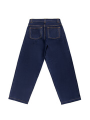 Navy blue jeans baggy on white background. Rear view
