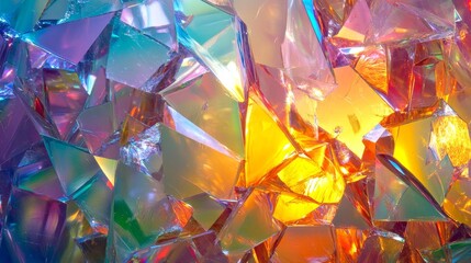Translucent prismatic glass shards refracting rainbow light backlit