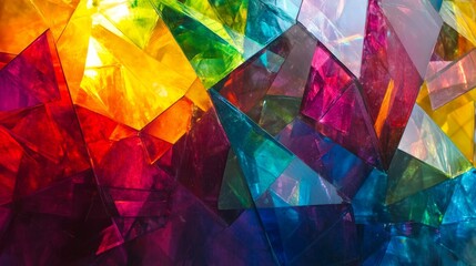 Translucent prismatic glass shards refracting rainbow light backlit