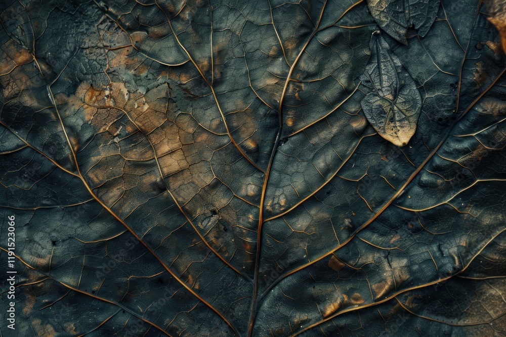 Poster dark veins highlighting the intricate patterns on a decaying leaf, creating a captivating natural ab