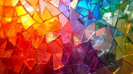 Translucent prismatic glass shards refracting rainbow light backlit