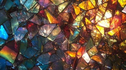 Translucent prismatic glass shards refracting rainbow light backlit
