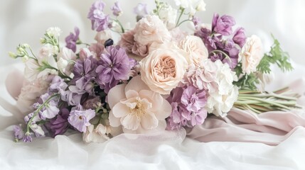 Delicate pastel flower bouquet rests on soft fabric