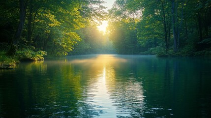 Obraz premium Serene mountain lake surrounded by lush greenery and misty hills in a tranquil setting