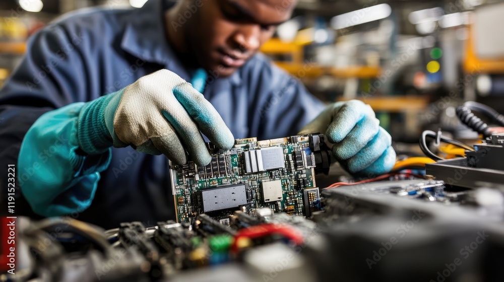 Poster technician carefully examining circuit board components