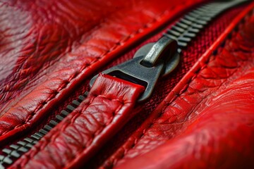 Close up of a metal zipper closing a red leather jacket, highlighting the stitching and texture of the garment