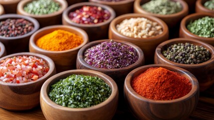 Fototapeta premium Vibrant spices and herbs displayed in wooden bowls at a market setting during the daytime