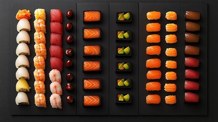 Assorted Sushi Selection Arranged On Black Trays