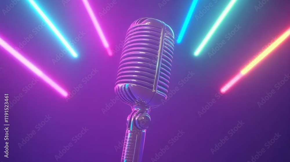 Poster chrome vintage microphone illuminated by colorful neon lights on a purple background, creating a vib