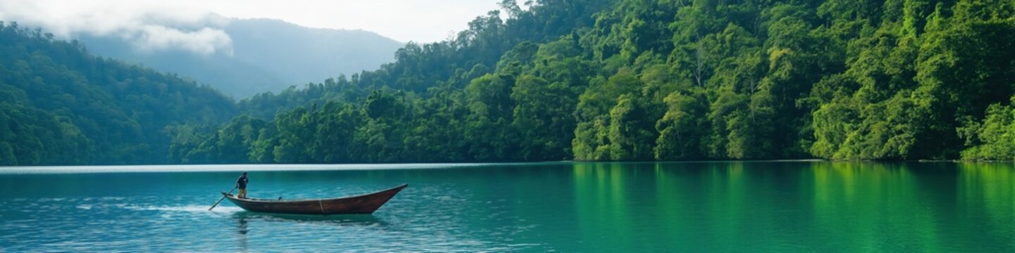 A man is rowing a boat on a lake surrounded by trees. The water is calm and the sky is clear. The scene is peaceful and serene