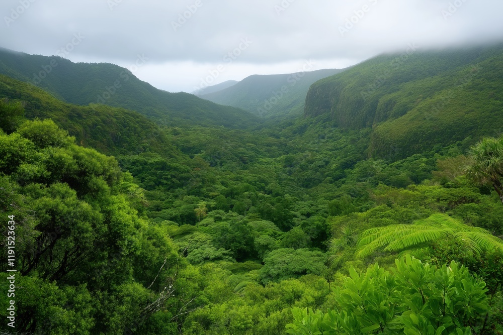 Poster a lush green forest with a cloudy sky in the background. the trees are tall and dense, creating a se