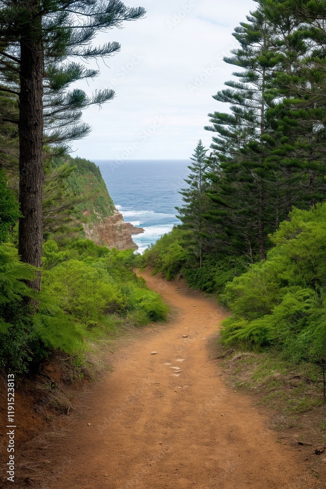 Poster a path through a forest with a view of the ocean. the path is made of dirt and rocks