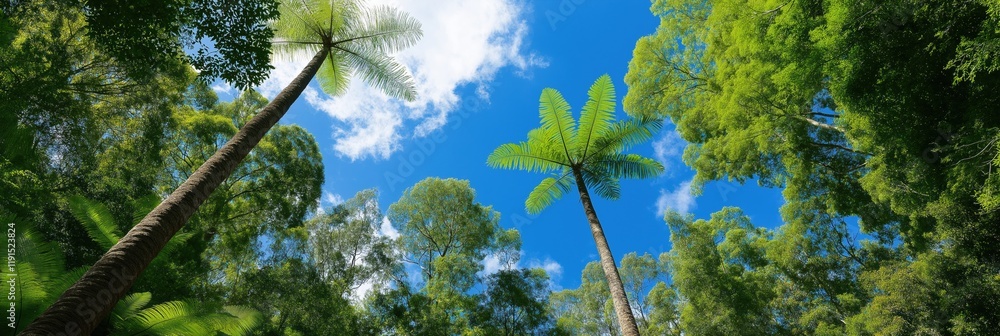 Poster a forest with three trees and a palm tree in the middle. the sky is blue and the trees are green
