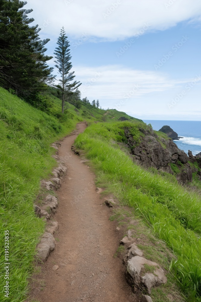 Poster a path winds up a hillside with a tree in the foreground. the path is lined with grass and rocks. th