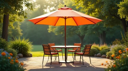 Outdoor garden table with a vibrant umbrella offering shade, surrounded by greenery, captured in soft afternoon sunlight.