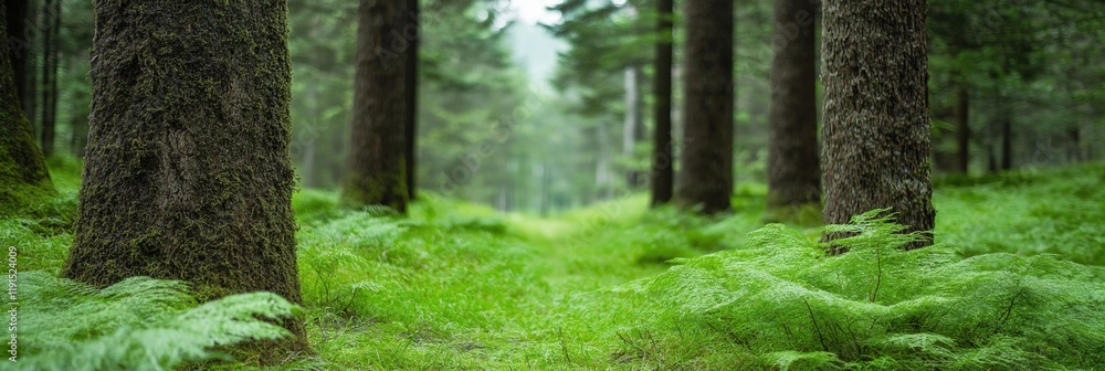 Poster a forest with a path through it. the trees are tall and green. the grass is lush and green