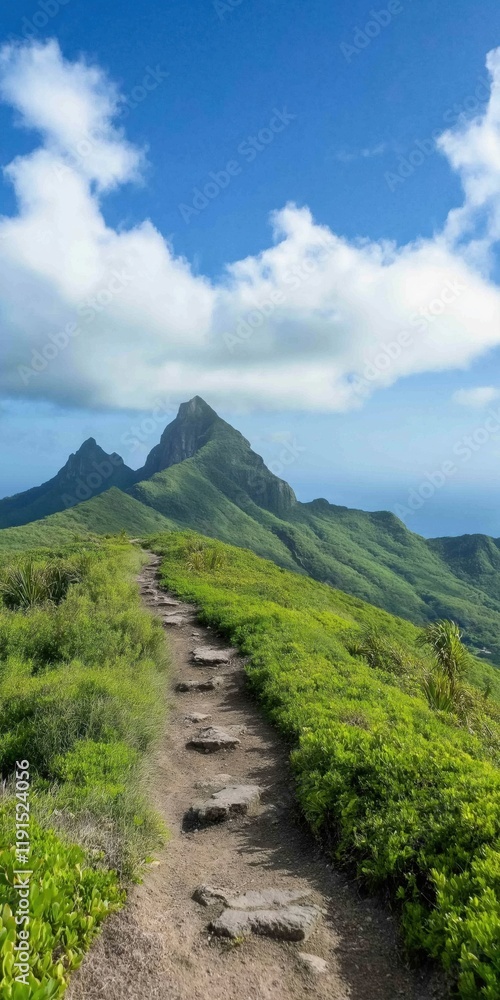 Poster a mountain with a path leading to it. the path is rocky and the mountain is covered in green grass. 