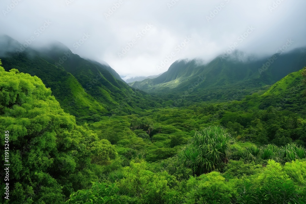Poster a lush green forest with a cloudy sky in the background. the trees are tall and dense, creating a se