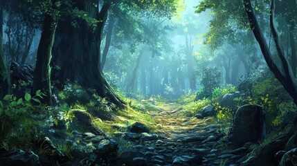 Obraz premium Serene Forest Path Through Lush Green Woods
