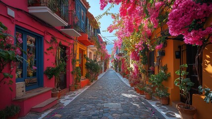 Naklejka premium Charming cobblestone path lined with blooming flowers in a colorful neighborhood