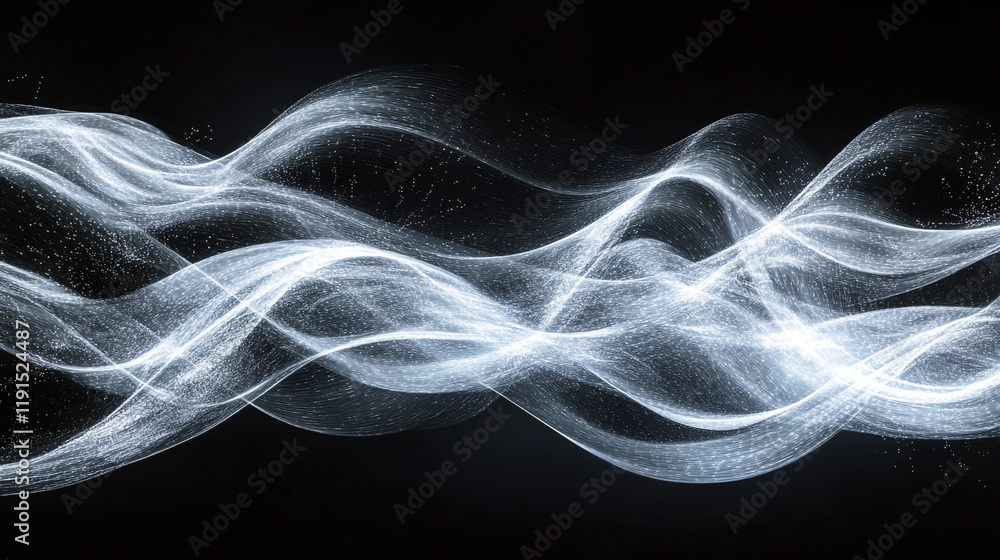 Poster ethereal white waves flowing in a dark background creating a mesmerizing visual effect
