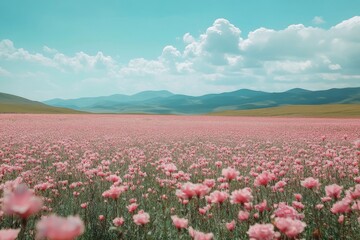 Vibrant pink flower field in a mountainous landscape during clear blue skies