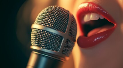 Obraz premium Close up view of a singer's vibrant red lips passionately engaging with a microphone, embodying the energy and emotion of an electrifying live performance