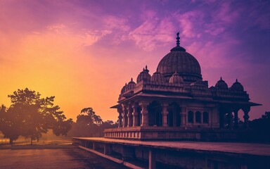 Obraz premium Majestic ancient stone temple at sunrise.