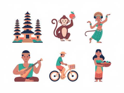 Balinese Culture Illustrated Featuring Temple Monkey Dancer Music Bicycle Fruit