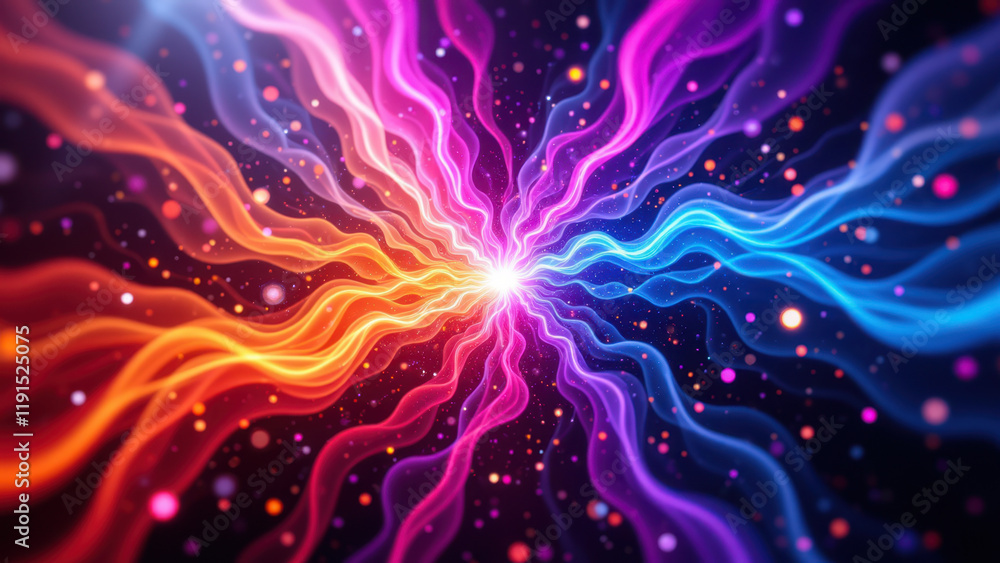 Poster vibrant abstract galaxy background with colorful nebulae and cosmic particles.