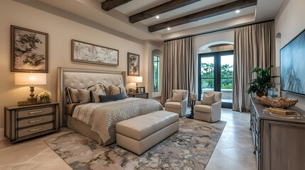 A comfortable bedroom in new construction home limestone living room, the complements mediterranean style furniture - ai generative. Glimmerstone. Illustration