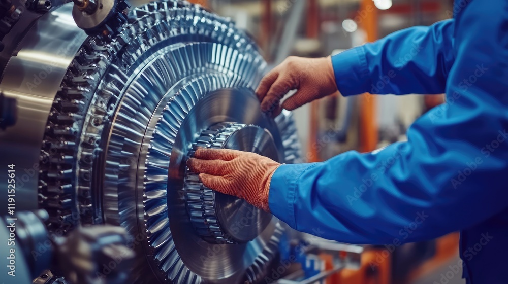 Poster industrial worker inspecting complex machine gears
