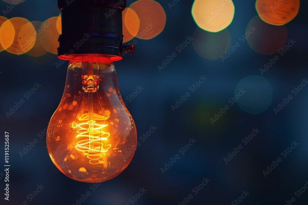 Poster bright orange light bulb illuminating dark background with soft focus lights creating a bokeh effect