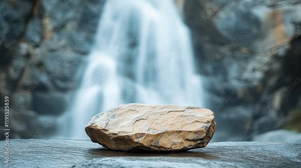 Poster single rock rests before a cascading waterfall