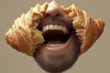 Surreal Image of a Croissant-Wrapped Mouth with a Beard