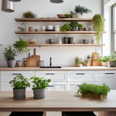 Generated image Scandinavian kitchen with an island, white cabinets, and a collection of potted herbs