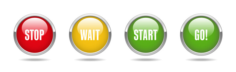 Stop, wait, start, go button icon set. Red, yellow, green, glossy button designs with chrome metal borders. Vector illustration isolated on white background.