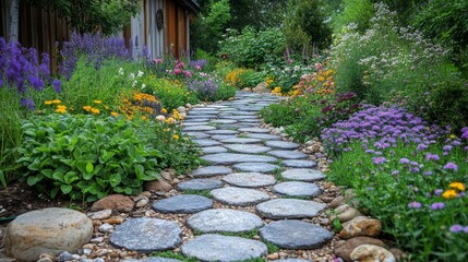 Obraz premium Beautiful stone pathway through a vibrant garden filled with colorful flowers in springtime