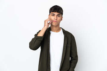 Young man over isolated white background showing a sign of silence gesture