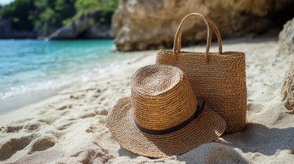Stylish straw hat and tote bag resting on sandy beach near calm turquoise water on sunny day